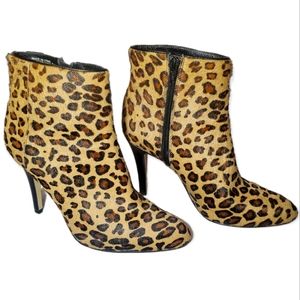 Chico's Leather Caryna Calf Hair Leopard Print Heeled Zip Ankle Bootie 7.5